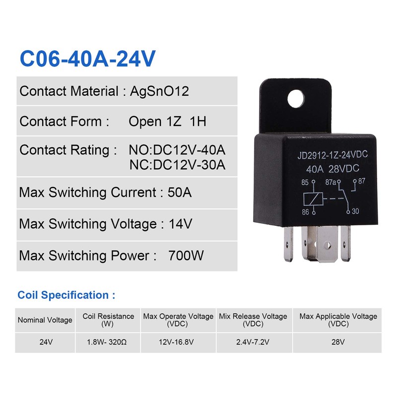 EHDIS Motor Relay 5 Pin 24V Coil 40amp Spdt Model