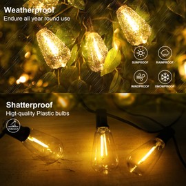 RTTY Solar String Lights Outdoor Waterpoof 50ft with 25pcs Dimmable Shatterproof ST38 Vintage Bulb,Remote Solar Powered Bistro,Cafe & Patio Lights