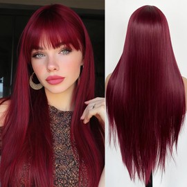 Red Wig for Women Long Straight Dark Red Wigs with Bangs 26 Inch Burgundy Wig Synthetic Wine Red Wigs Layered Straight Colored Cosplay Wigs Natural Red Hair Wig for Girls Daily Party Costume Use