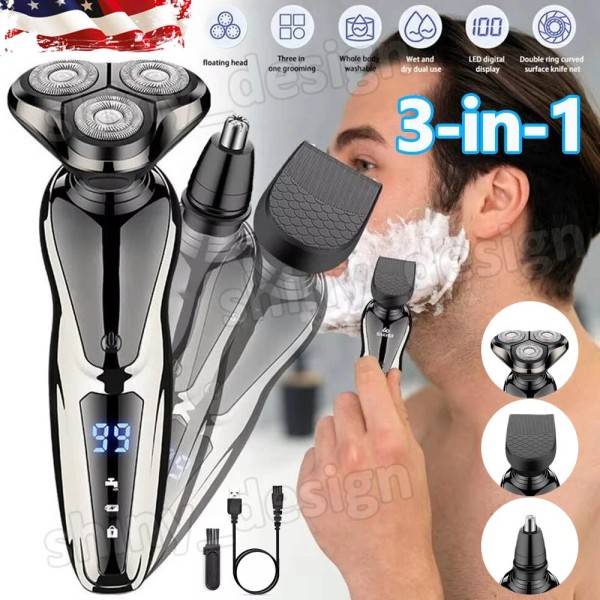 Unbranded Men Electric Shaver Beard Trimmer USB Rechargeable Wet/Dry Rotary