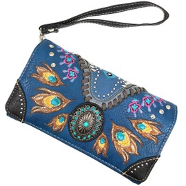 Zelris Turquoise Concho Peacock Feather Women Crossbody Wrist Trifold Wallet (Royal Blue)