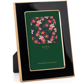 Venusmiles 4x6 Enamel Picture Frame, Gold Metal Edge with Easel, Real Glass Photo Frame for Wall and Tabletop Display Family Office Photo Gallery, Black Enamel/1pc