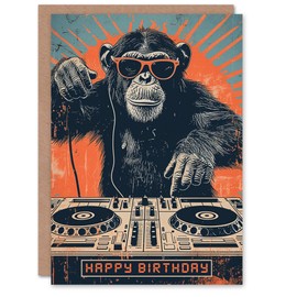 Artery8 Birthday Card Retro DJ Chimp Sunglasses Ape Decks For Him Man Male Dad Brother Son Papa Grandad Greeting Card