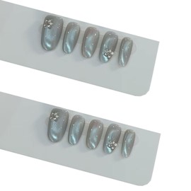 Short/Medium Oval Nails Handmade Glitter Press on Nails with Designs, Cat Eye/Aurora Women Reusable False Nails (Blue Sand#Medium)