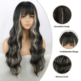 BOGSEA Black Mix Blonde Wigs with Bangs Long Wig for Women Highlights Long Wavy Wigs Synthetic Heat Resistant Fiber Wigs for Daily Party 26 Inch
