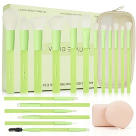 Pinceles De Maquillaje Verdes(18 Piezas) Set Completo Con Cerdas De Fibra Suave, Casquillos De Aluminio Pintado, Mangos De Goma Antideslizantes,...   