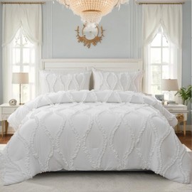 Bedbay White Ruffle Comforter Queen Size - Country Farmhouse Bedding Set, 3 Pcs Shabby Chic Western Bed Set for All Seasons (White, Queen)