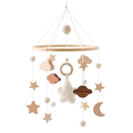 Mobile Baby Bed Mobile Wooden with Mobile Music Box, Clouds Stars Mobile Baby Girl Bed Bell Pendant for Baby Cot, Wind Chime Rattle Changing Table, Children's Room Hanging Bed Bell