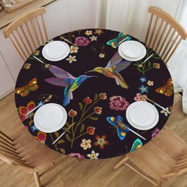 Gbuzozie Spring Summer Hummingbird Floral Tablecloth with Elastic Edge, Round Table Cover Washable Reusable Humming Birds Exotic Flowers Table Cloths for Kitchen Dining Party, Medium (Fits 45-50 in)