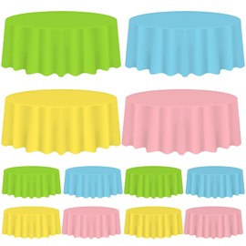 Whaline 16Pcs Pastel Color Plastic Tablecloth Green Blue Yellow Pink Round Table Cover Waterproof Table Cloth for Party Decoration Supplies, 84 Inch