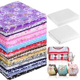 Fanfanwin 59 Pcs Fabric Squares, 57 Fabric Scraps for Sewing Supplies 9.8ft White Iron-on Non-Woven Fusible Interfacing 16.4ft Pure Cotton Lining for DIY Bags Crafts Sewing Quilting Patchwork