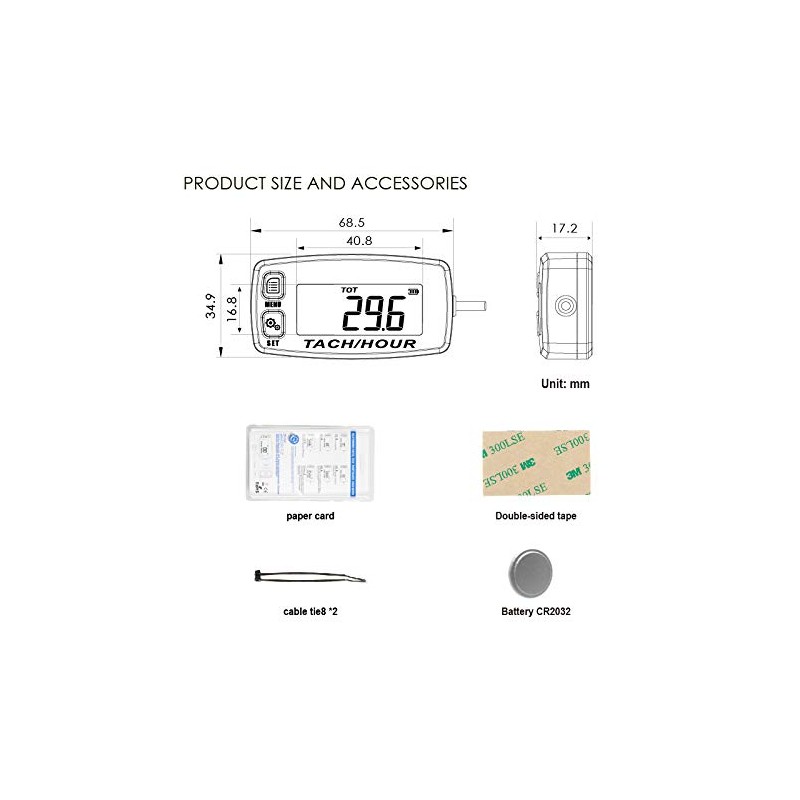 Jayron JR-HM032A Self Powered Digital Tach/Inductive/Maintenance/Waterproof/Backlit/Shutdown Hour Meter,Battery Replaceable,for Lawn