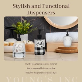 Young's Inc Ceramic Soap Dispenser, Happy Camper Buffalo Plaid Shampoo and Conditioner Dispenser, Modern Bathroom Essential with Plastic Pump, 5"