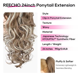 REECHO Ponytail Extension, 24" Claw Clip in Long Curly Wavy Ponytail Hair Extension Jaw Clip on Pony Tails Hairpiece for Women - Ash Brown with Platinum Highlights