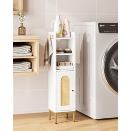 AEPOALUA Bathroom Storage Cabinet, Small Corner Floor Hutch with Door and Shelves, Narrow Toilet Paper Cabinet, Bathroom Organizer with Adjustable Shelf, for Small Spaces (Classic-Rattan, White)