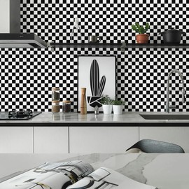 Jeweluck Black and White Wallpaper Peel and Stick Checkered Contact Paper 17.7"x118.1" Mosaic Checkered Peel and Stick Wallpaper Lattice Self Adhesive Removable Wall Paper for Bathroom Cabinets Vinyl