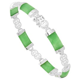 7mm Sterling Silver Dyed Green Jade Link Bracelet for Women Quatrefoil Box Clasp 5/16 Wide 8 inch
