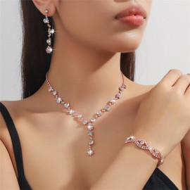 Slpytc Rhinestone Prom Jewelry Sets for Brides Bridesmaid Elegant Sparkly Crystal Wedding Earrings Necklace Bracelet Sets Formal Costume Jewelry for Women (Rose Gold)