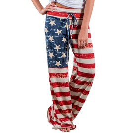 iChunhua Women's American Flag Floral Drawstring High Waist Wide Leg Pants(L,Multicoloured)