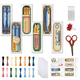 FREEBLOSS Set of 6 Cross Stitch Bookmark Set, Stamped Cross Stitch for Beginners, Embroidery Set with Instructions for Adults, Fish Canned Pattern, 8 x 2.4 Inches