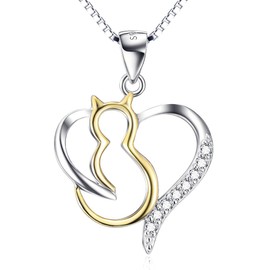 YFN Women Necklace “Lovely Cat” 925 Sterling Silver Cubic Zirconia Gold Tone Cat Pendant Jewellery for Girls,18" (Lovely Cat Heart Pendant)