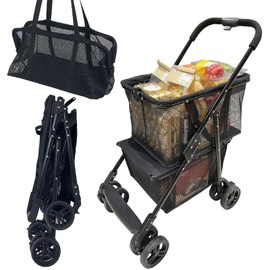 Newly Upgraded Portable Shopping Cart, 80 lbs Foldable Personal Grocery Cart On Wheels, with One-Step Parking Brake