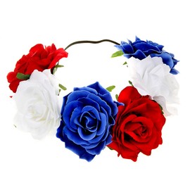 Womens Hawaiian Stretch Rose Flower Headband Floral Crown for Garland Party Wedding Headpiece (red+White+Blue)