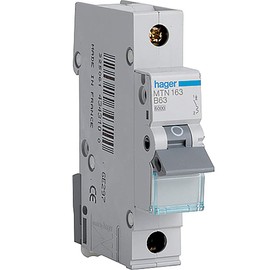 Hager MTN163 Miniature Circuit Breaker, 1 Pole, 1 Module, Type B, 6 kA Breaking Capacity, 63 A Current