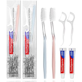 HQSLsund 100pcs Disposable Toothbrushes with Toothpaste Floss Individually Wrapped, 2 Color Disposable Toothbrush, 10g Toothpaste, Floss Pick, Bulk Toothbrush Kit for Homeless,Airbnb,Hotel