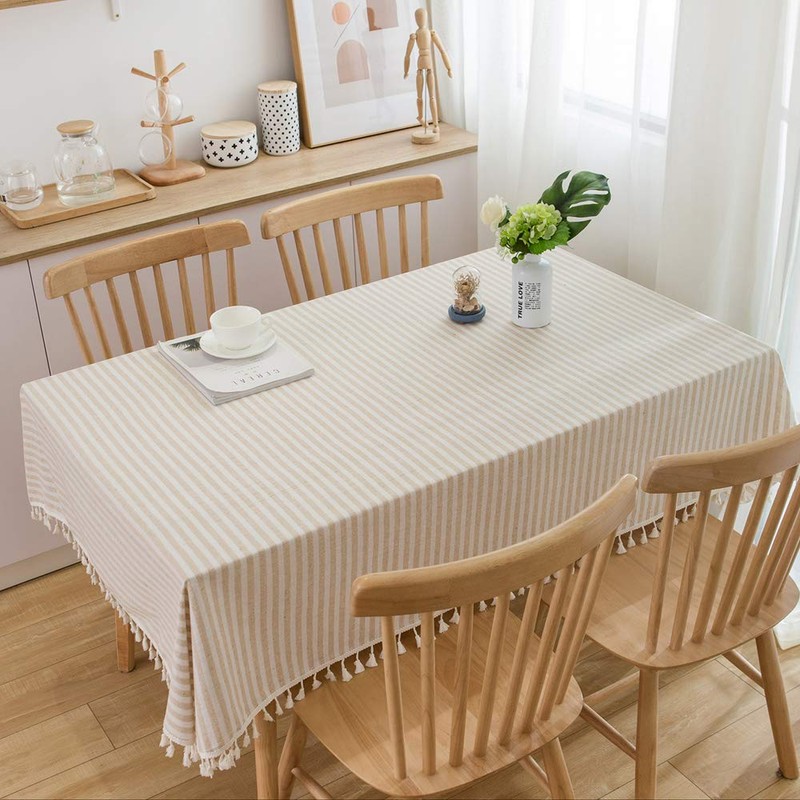 Plenmor Cotton Linen Table Cloth Stripe Tassel Rectangle Tablecloth Dust-Proof