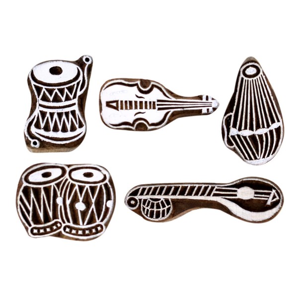 Wooden Stamps for Block Printing - Handcarved Indian Textile Printing Blocks Set of 5, Music Instrument Shapes Printing Stamps Hashcart®