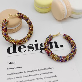 LANFUNI Crystal Hoop Earrings Bohemian Sparkle Resin Rhinestone Wrapped Hoop Crystal Earrings for Women Fashion Jewelry, 1.73" X 1.70" X 0.22", Gold Plated, Rhinestone