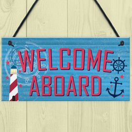 RED OCEAN Welcome Aboard Nautical Seaside Marine Theme Gift Hanging Plaque Bathroom Bedroom Boat Sign
