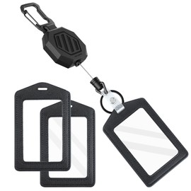 DELSWIN Genuine Leather ID Badge Holder with Retractable Clip, Heavy Duty Retractable Keychain with ID Card Holder, 31.5" Retractable Cord (1 Badge Reel, 2 Holders)