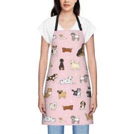 Smooffly Cartoon Doodle Puppy Dog Pink Apron Unisex Adjustable Bib Apron Cooking Kitchen Chef Women Men Aprons for Home Kitchen, Restaurant,Coffee House,Shop,Garden
