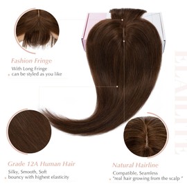 Elailite Hair Topper Extensions Women Toupee with Bang 100% Remy Real Hair 7 x 13 cm Base Clip in Hair Thickening #04 Medium Brown - 35 cm