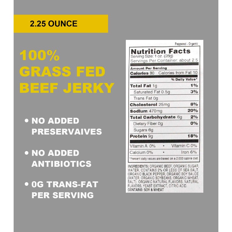 Organic Beef Jerky, 100% Grass-Fed, Peppered Flavor, 2.25 Ounce