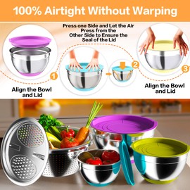 Mixing Bowls with Airtight Lids, Stainless Steel Mixing Bowl Set with 3 Metal Nesting Bowls, Colander & Grater, Non-Slip Bottoms, Size 1.5, 2.5, 6 QT, Great for Mixing & Serving, Mutilcolor