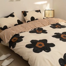 Wellboo Black Floral Comforter Sets Cal King Women Adults Botanical Bedding Comforters California King Boho Black Sunflower Quilts Large Flower Plant Blankets Teens Watercolor Garden Bohemian Bed