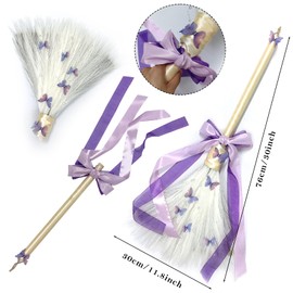 Wedding Broom Jumping Broom for Wedding Ceremony 28 inch Tall Whisk Brooms with Staw White Pampas Grass, Purple Butterfly/Ribbons （Finish Product）