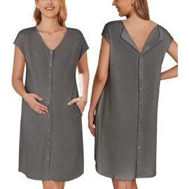 Ekouaer Labor/Delivery/Hospital Gowns Maternity Outfits Nursing Nightgown Sleepwear for Breastfeeding V Neck Short Sleeve Nightshirt Sleepwea Dark Grey M