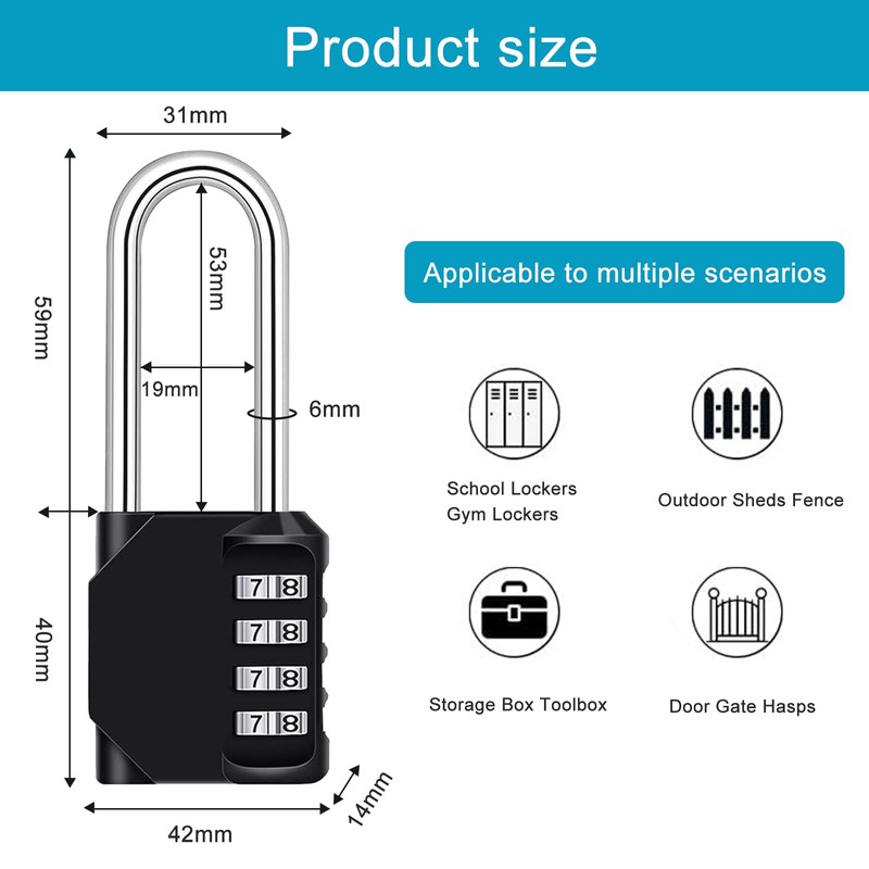Diompirux Set of 2 Combination Lock with Shackle Long, 4