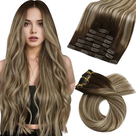 Moresoo Clip in Hair Extensions Real Human Hair Ombre Brown to Blonde Clip in Hair Extensions 24 Inch Human Hair Clip in Extensions 7 Pieces/120g #4/6/613