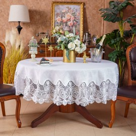 ARTABLE Lace Rectangular Tablecloths with Exquisite Macrame Border Clear Embroidered Kitchen Holidays Fabric Tablecloth (White, 60 Inch Round)