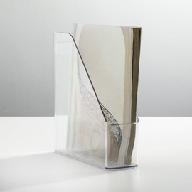 mDesign Plastic Slim Vertical File Folder Storage Organizer Bin with Handle, Hold Notebooks, Binders, Envelopes, Magazines for Home Office, Work Desktops, Ligne Collection, 4 Pack, Clear