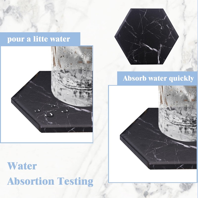 Warmroom Absorbent Hexagon Black Marble Coasters for Drink with Gold
