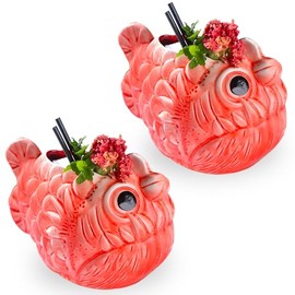 Prefdo Tiki Mugs Cocktail Set of 2 Ceramic Weird Fish Tiki Mugs, Hawaiian Luau Party Mugs, Fun Exotic Cocktail Tiki Cups, Tropical Tiki barware for Party Barware, 22oz/650ml