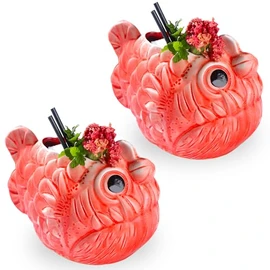 Prefdo Tiki Mugs Cocktail Set of 2 Ceramic Weird Fish Tiki Mugs, Hawaiian Luau Party Mugs, Fun Exotic Cocktail Tiki Cups, Tropical Tiki barware for Party Barware, 22oz/650ml