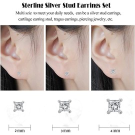 GULICX 3 Pairs Sliver Stud Earrings Set for Women Men Grils, Hypoallergenic Silver White Gold Plated Square Cubic Zirconia Simulated Diamond Unisex Cartilage Small Sleeper Studs Earrings, Size:2/3/4mm