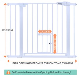 COMOMY Auto Close Baby Gate with Cat Door, 29.5"-40.5" Extra Wide Dog Gate for House Doorways Stairs, Pressure Mounted Easy Walk Thru Pet Gate, Includes 4 Wall Cups and 2 Extension Pieces, White